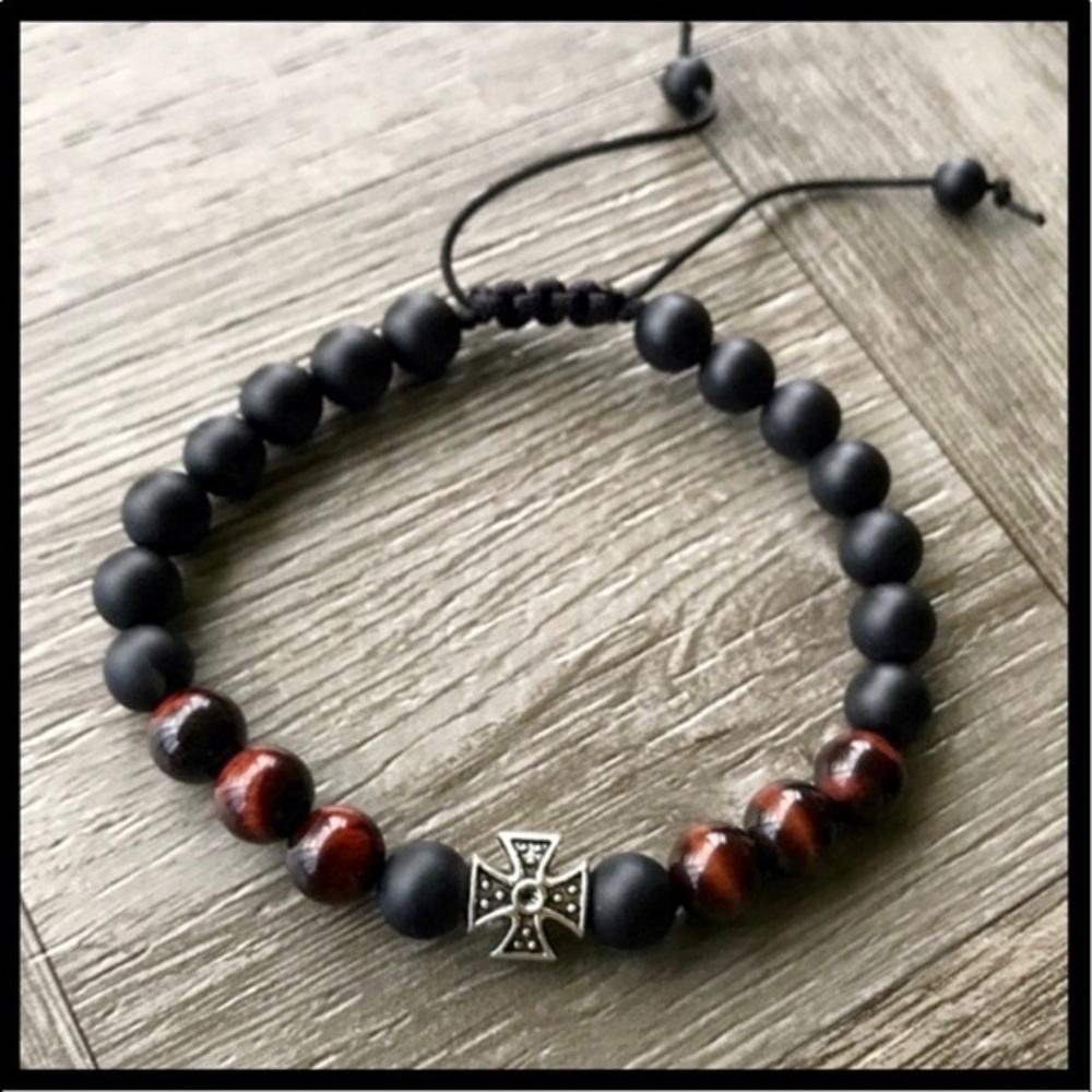 Men or women onyx & red tiger eye cross bracelet